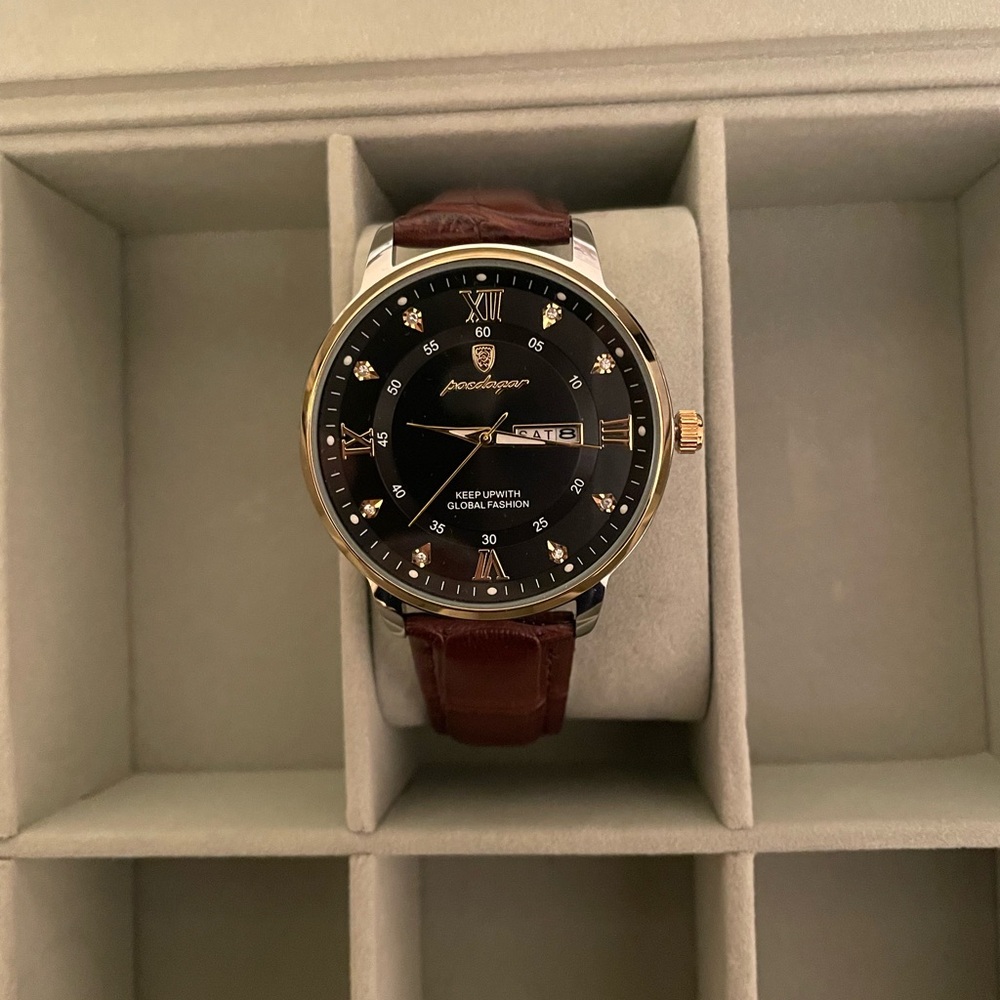 Mens Dress Watch with Brown Leather Strap and Black Dial